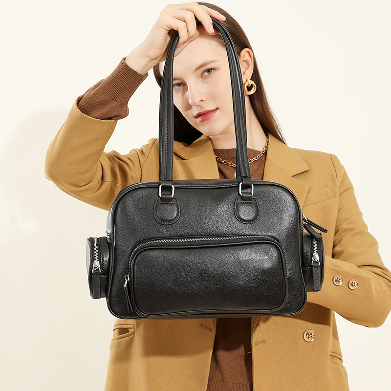 Genuine leather retro handheld bowling bag versatile commuter niche design underarm shoulder bag