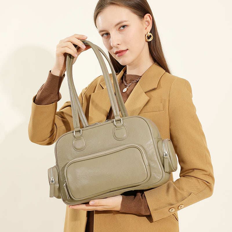 Genuine leather retro handheld bowling bag versatile commuter niche design underarm shoulder bag