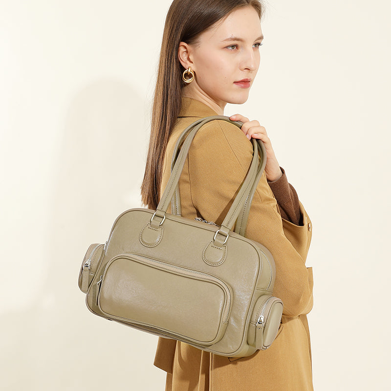 Genuine leather retro handheld bowling bag versatile commuter niche design underarm shoulder bag