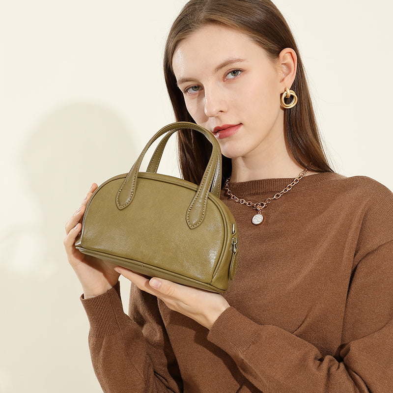 Genuine leather vintage vegetable tanned cowhide Boston bag crossbody bowling bag shoulder handbag