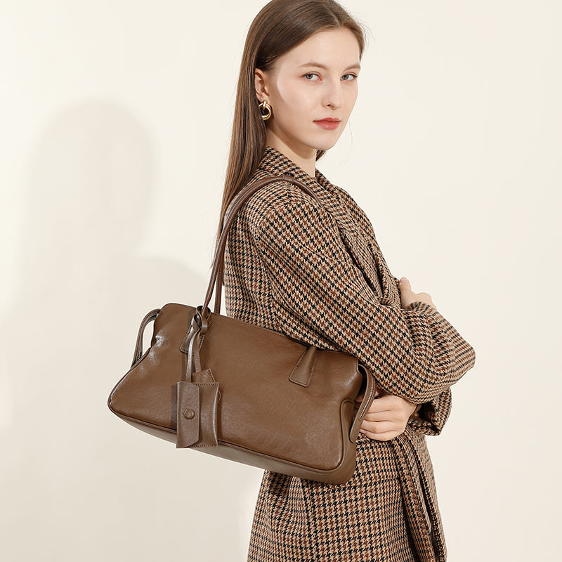 Genuine leather retro trend tote bag shoulder underarm bag vegetable tanned cowhide handbag