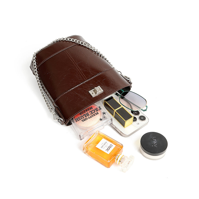 Waxed top layer cowhide fashionable genuine leather bucket bag light luxury women's bag simple mobile phone coin purse