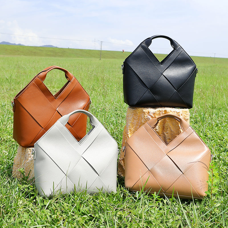 Top layer genuine leather woven handbag inverted triangle design fashionable soft leather handbag crossbody bag for women