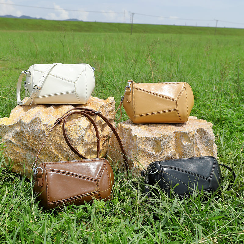 Vegetable tanned cowhide retro leather shoulder bag stylish geometric splicing crossbody bag high-end sense of all-match fashion women's bag