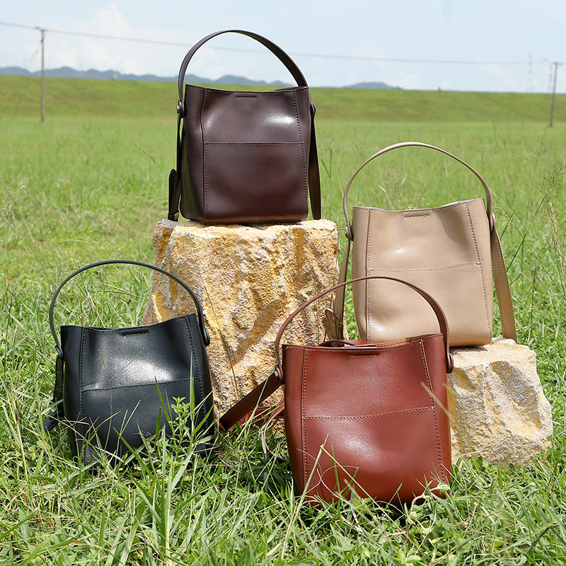 Genuine leather vintage vegetable tanned cowhide bucket bag niche pocket handbag shoulder bag versatile crossbody bag women's bag