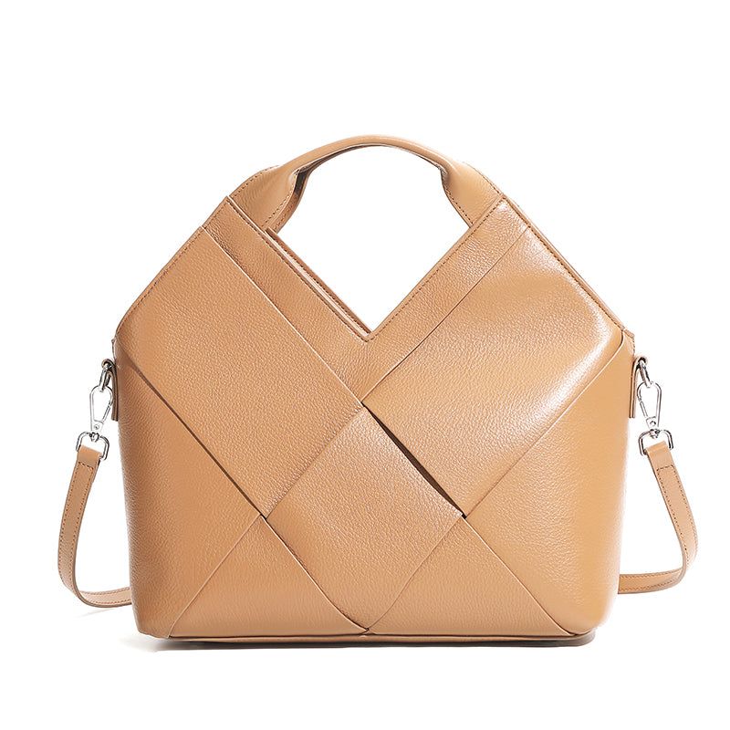 Top layer genuine leather woven handbag inverted triangle design fashionable soft leather handbag crossbody bag for women