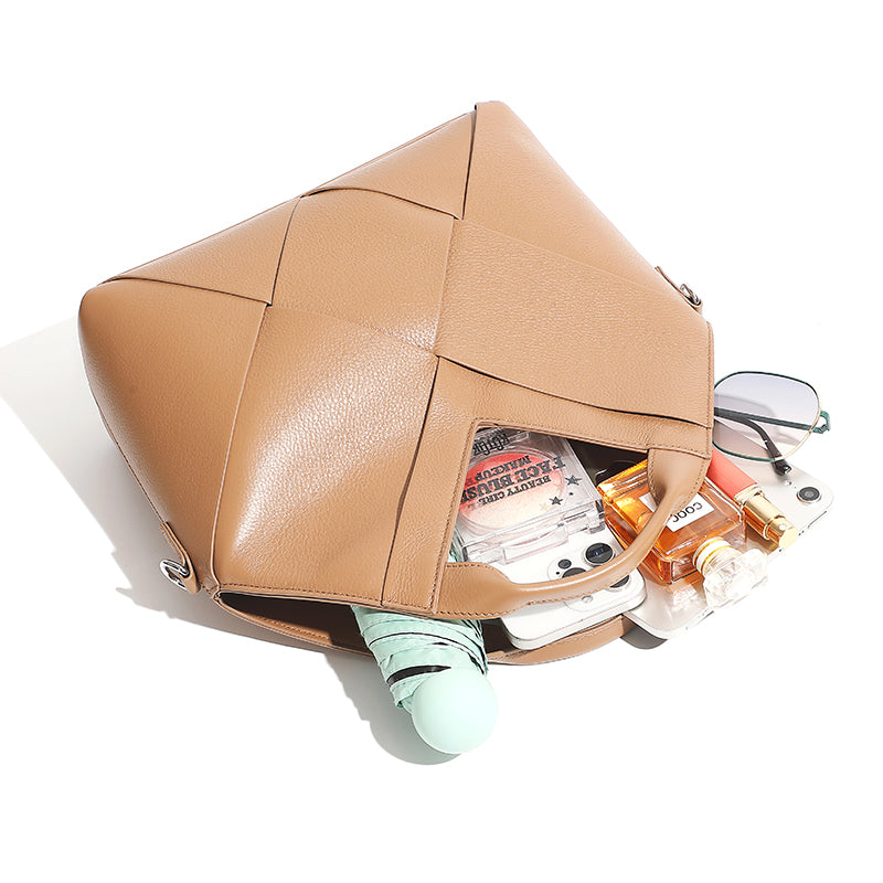 Top layer genuine leather woven handbag inverted triangle design fashionable soft leather handbag crossbody bag for women