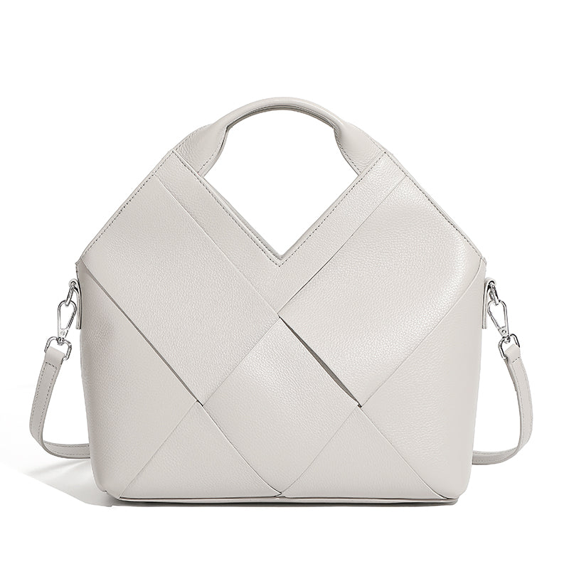 Top layer genuine leather woven handbag inverted triangle design fashionable soft leather handbag crossbody bag for women