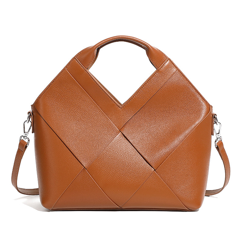 Top layer genuine leather woven handbag inverted triangle design fashionable soft leather handbag crossbody bag for women