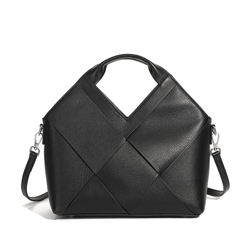 Top layer genuine leather woven handbag inverted triangle design fashionable soft leather handbag crossbody bag for women