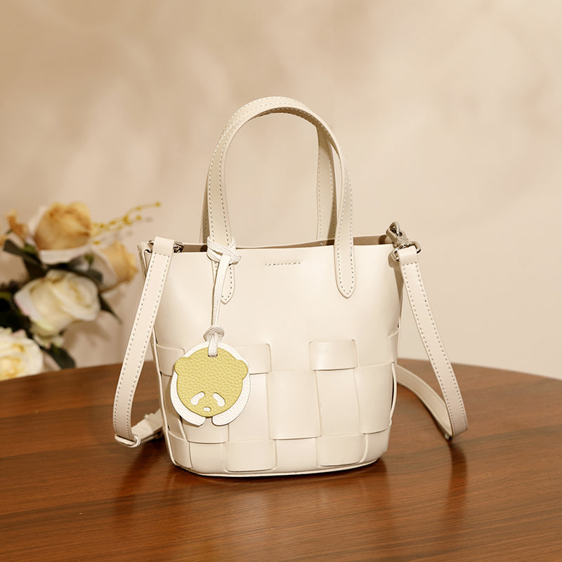 Niche handmade genuine leather woven bucket bag versatile fashion basket bag commuter shoulder messenger bag