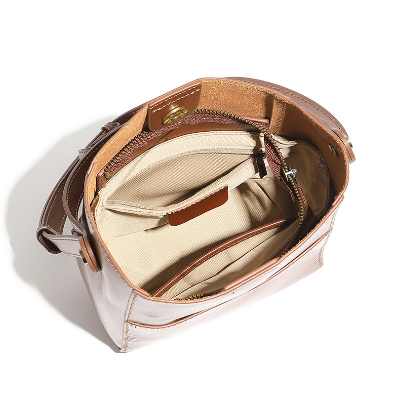 Genuine leather vintage vegetable tanned cowhide bucket bag niche pocket handbag shoulder bag versatile crossbody bag women's bag