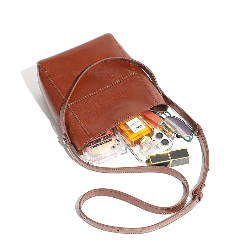 Genuine leather vintage vegetable tanned cowhide bucket bag niche pocket handbag shoulder bag versatile crossbody bag women's bag