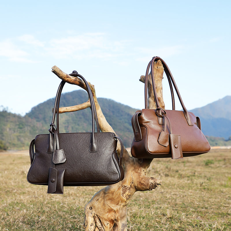 Genuine leather retro trend tote bag shoulder underarm bag vegetable tanned cowhide handbag