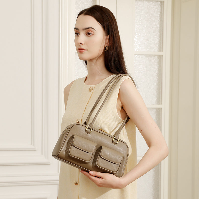 Niche design genuine leather vintage underarm bag bowling bag Boston underarm bag shoulder bag women's bag