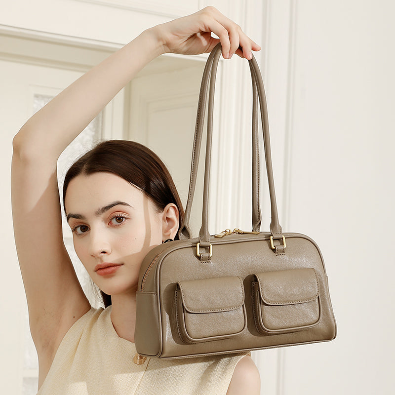 Niche design genuine leather vintage underarm bag bowling bag Boston underarm bag shoulder bag women's bag