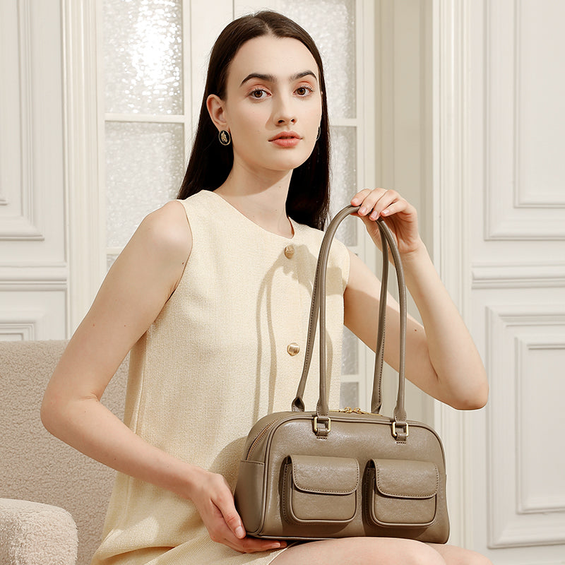 Niche design genuine leather vintage underarm bag bowling bag Boston underarm bag shoulder bag women's bag