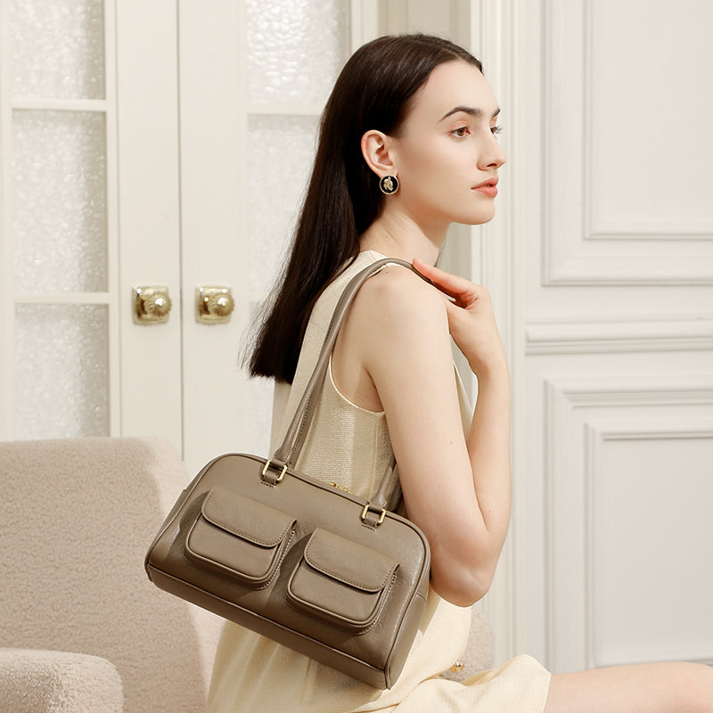 Niche design genuine leather vintage underarm bag bowling bag Boston underarm bag shoulder bag women's bag