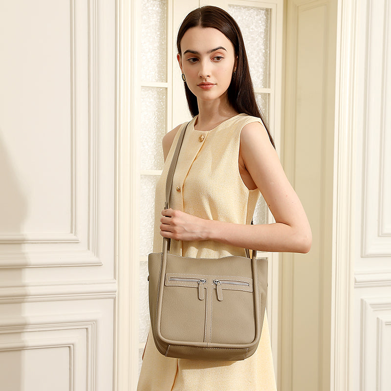 First layer of cowhide genuine leather bucket bag niche light luxury women's bag horseshoe bag large capacity commuter shoulder bag