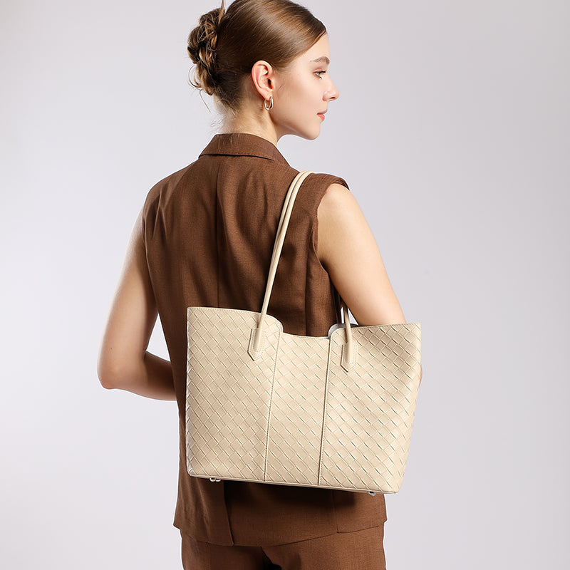 Genuine leather fashion tote bag shoulder bag cowhide daily commuting all-match simple large capacity woven mother-and-child bag