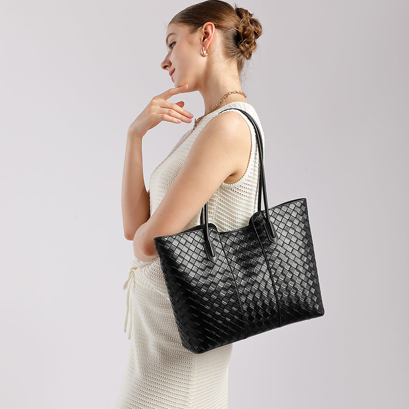 Genuine leather fashion tote bag shoulder bag cowhide daily commuting all-match simple large capacity woven mother-and-child bag