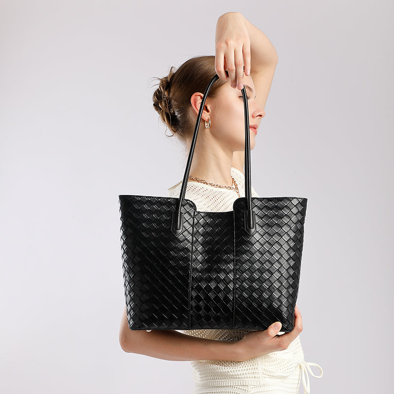 Genuine leather fashion tote bag shoulder bag cowhide daily commuting all-match simple large capacity woven mother-and-child bag