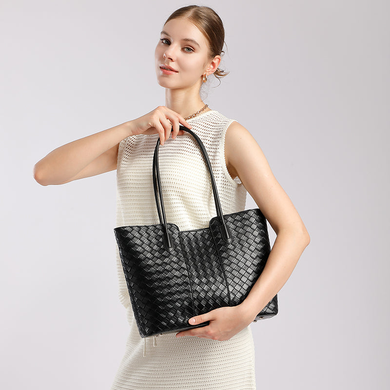 Genuine leather fashion tote bag shoulder bag cowhide daily commuting all-match simple large capacity woven mother-and-child bag