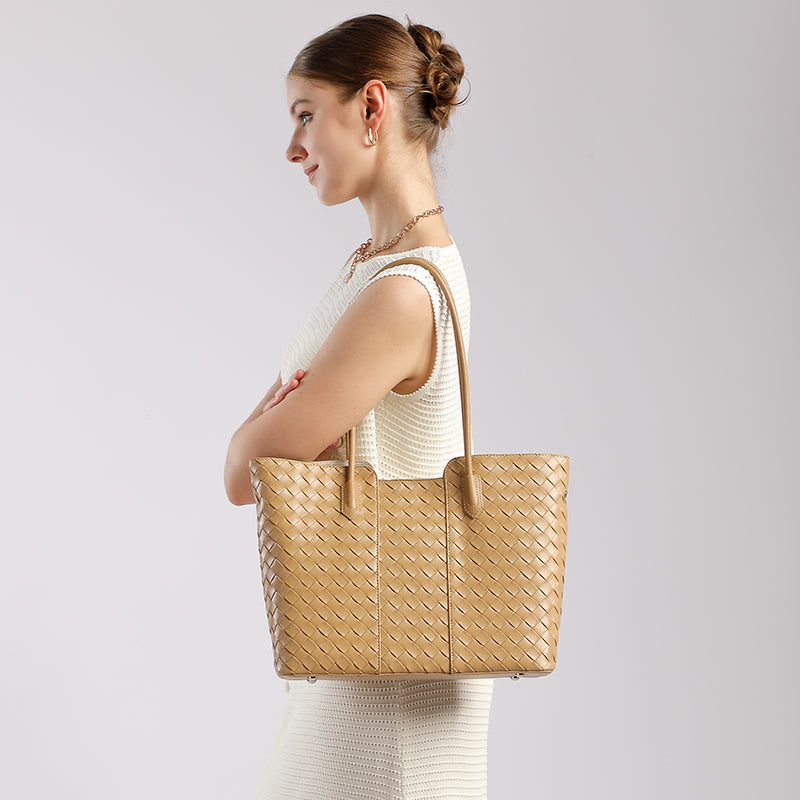 Genuine leather fashion tote bag shoulder bag cowhide daily commuting all-match simple large capacity woven mother-and-child bag