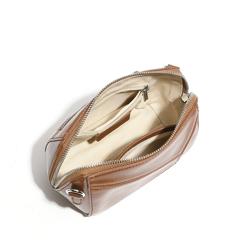 Vegetable tanned cowhide retro leather shoulder bag stylish geometric splicing crossbody bag high-end sense of all-match fashion women's bag
