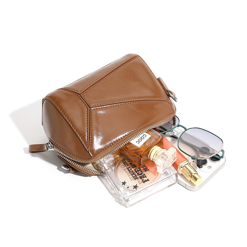 Vegetable tanned cowhide retro leather shoulder bag stylish geometric splicing crossbody bag high-end sense of all-match fashion women's bag