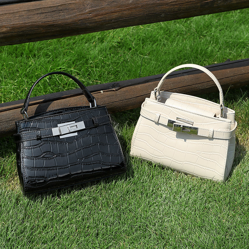 Genuine leather stone pattern Kelly bag light luxury niche design fashion handbag shoulder crossbody women's bag