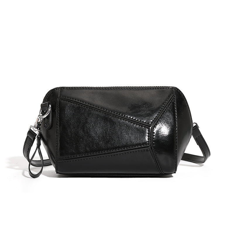 Vegetable tanned cowhide retro leather shoulder bag stylish geometric splicing crossbody bag high-end sense of all-match fashion women's bag