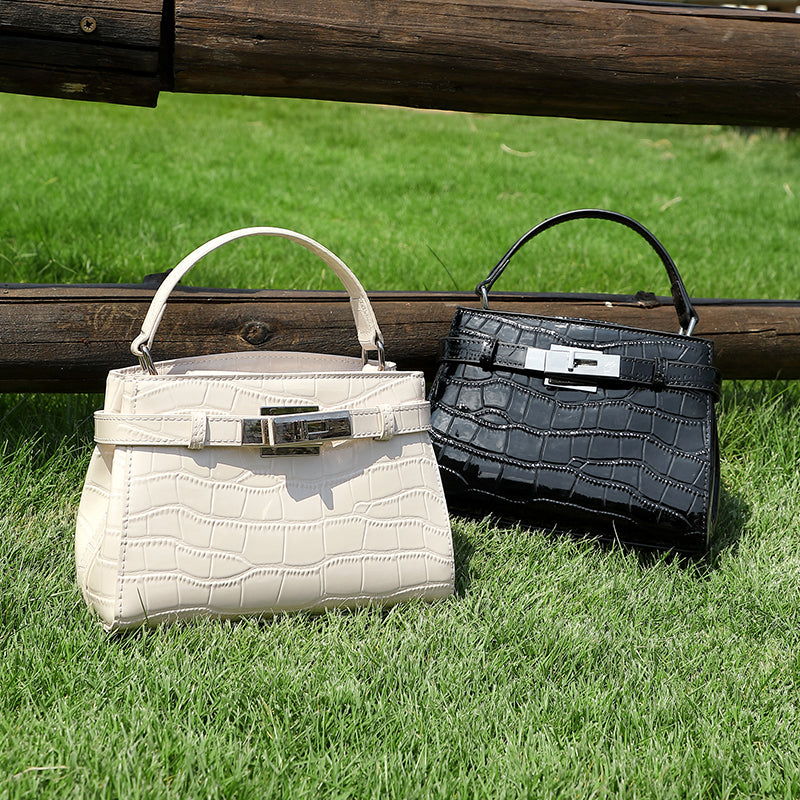Genuine leather stone pattern Kelly bag light luxury niche design fashion handbag shoulder crossbody women's bag