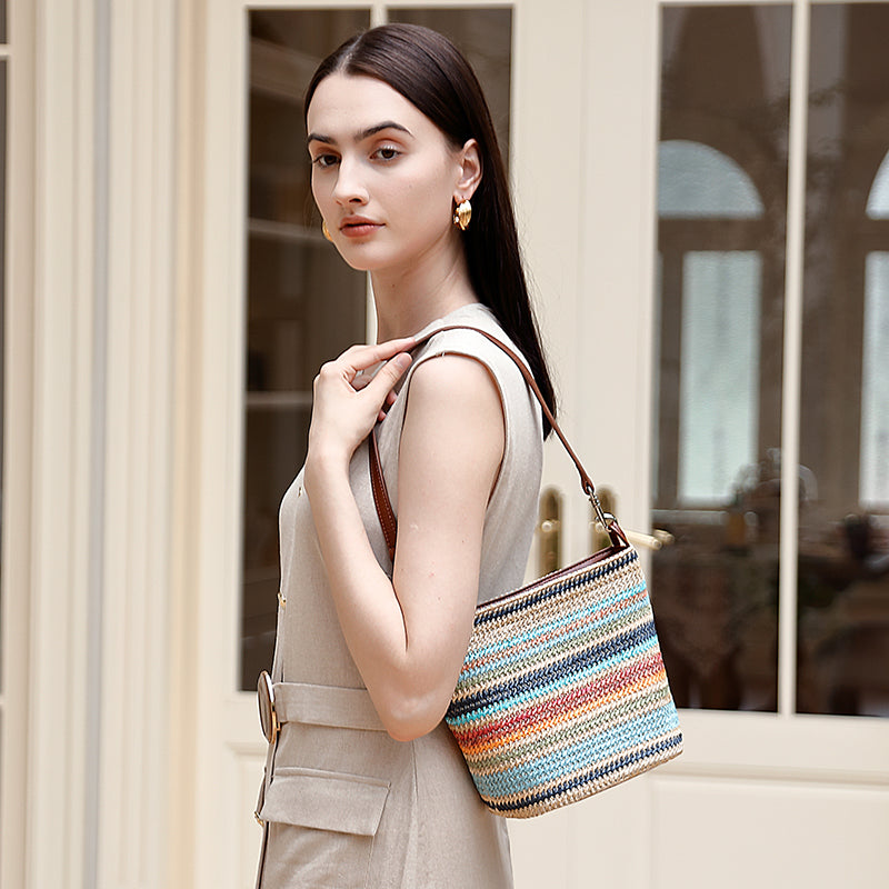Summer fashion contrast color tote bag niche design straw with genuine leather large capacity commuter versatile handbag