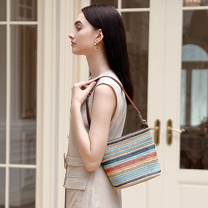 Summer fashion contrast color tote bag niche design straw with genuine leather large capacity commuter versatile handbag