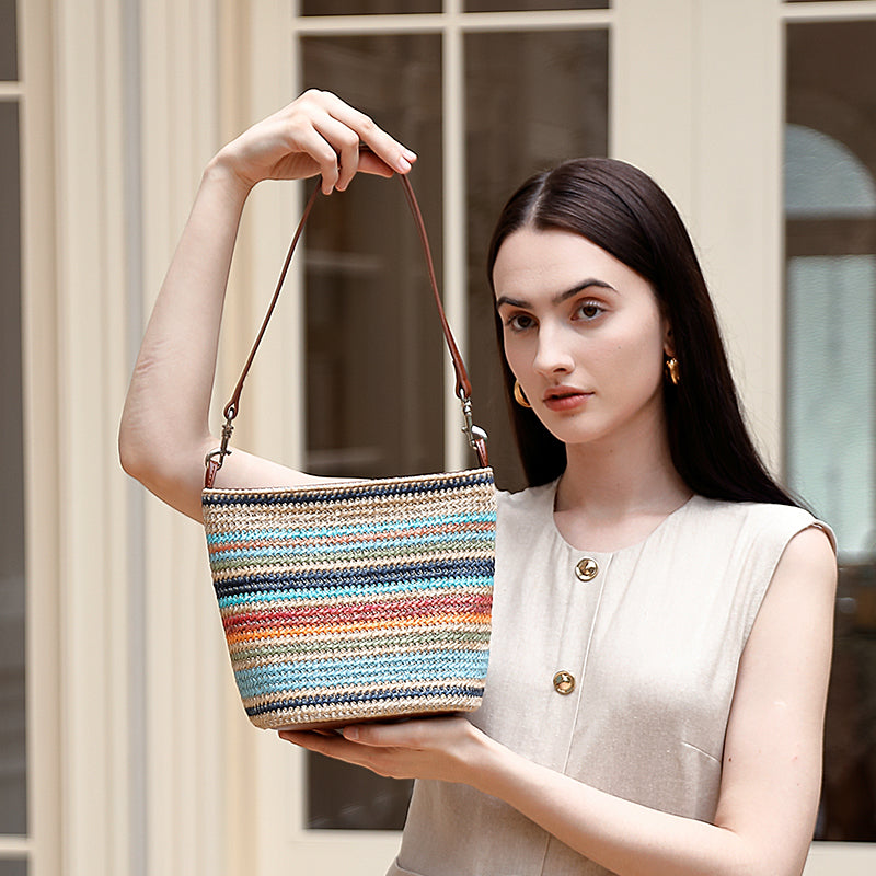 Summer fashion contrast color tote bag niche design straw with genuine leather large capacity commuter versatile handbag