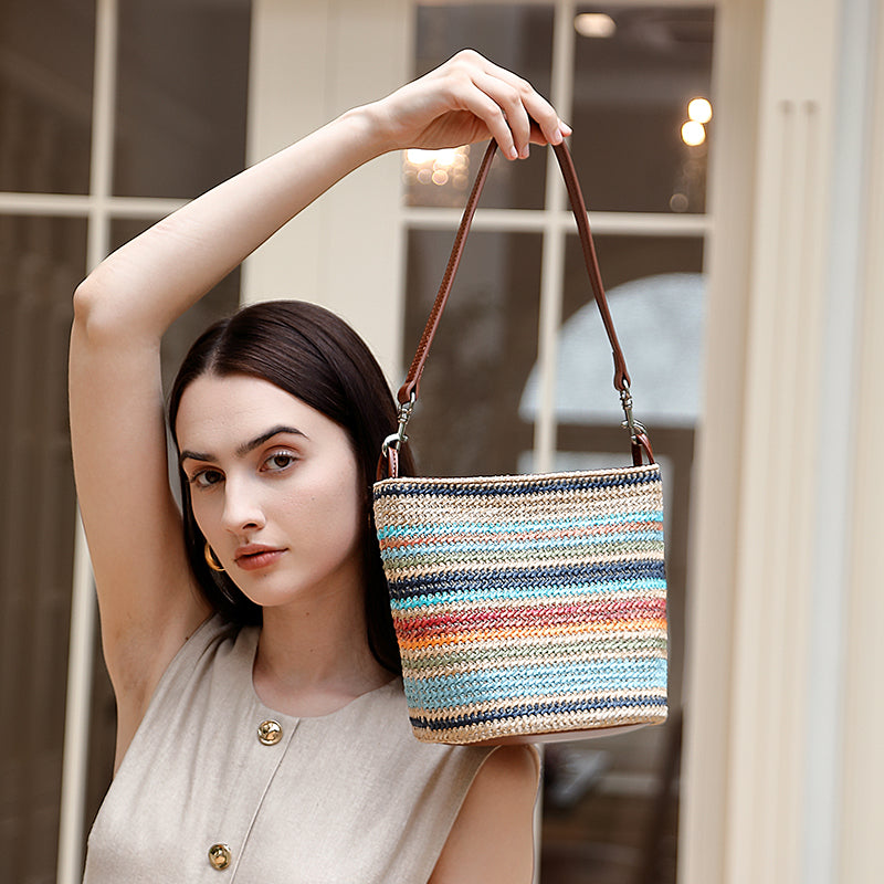 Summer fashion contrast color tote bag niche design straw with genuine leather large capacity commuter versatile handbag