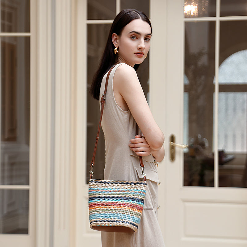 Summer fashion contrast color tote bag niche design straw with genuine leather large capacity commuter versatile handbag