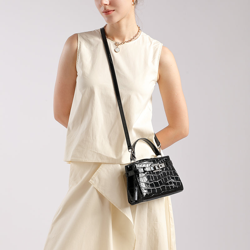 Genuine leather stone pattern Kelly bag light luxury niche design fashion handbag shoulder crossbody women's bag