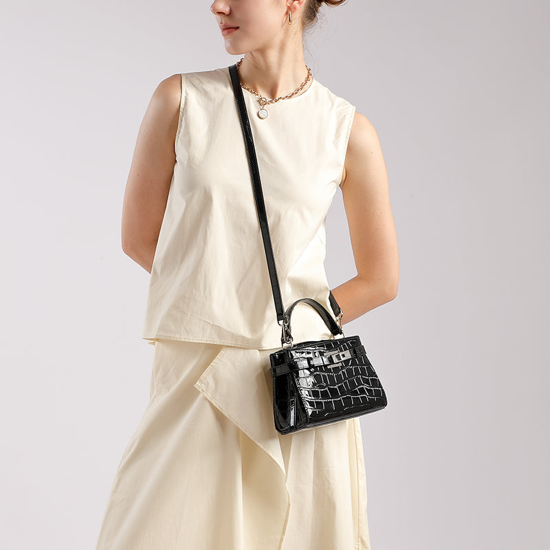 Genuine leather stone pattern Kelly bag light luxury niche design fashion handbag shoulder crossbody women's bag