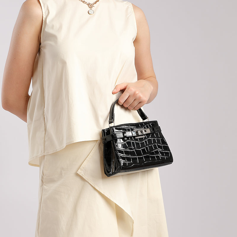 Genuine leather stone pattern Kelly bag light luxury niche design fashion handbag shoulder crossbody women's bag