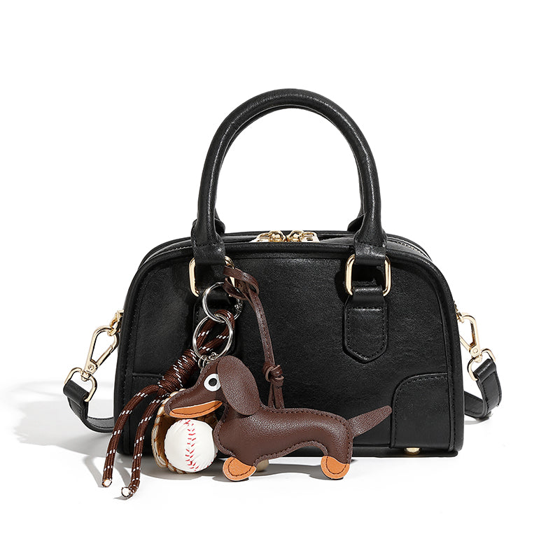 Genuine leather Boston handbag commuter versatile bowling bag niche doll pendant crossbody shoulder bag