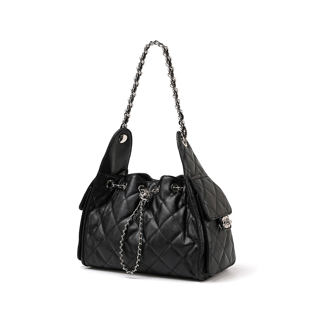 Diamond-patterned genuine leather shoulder underarm bag caviar pattern large-capacity hobo bag bucket drawstring bag chain women's bag