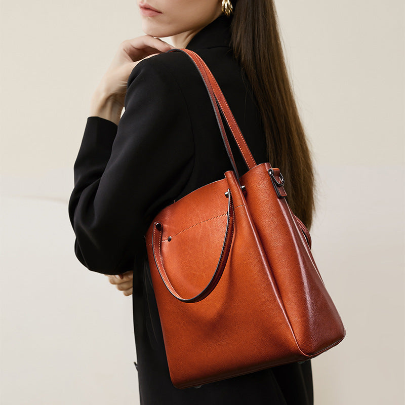 Genuine leather shoulder tote bag crossbody women's bag large capacity cowhide bucket bag niche design