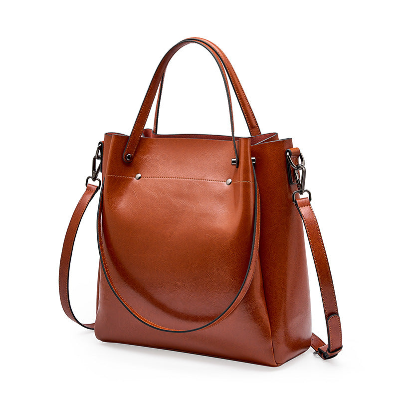 Genuine leather shoulder tote bag crossbody women's bag large capacity cowhide bucket bag niche design