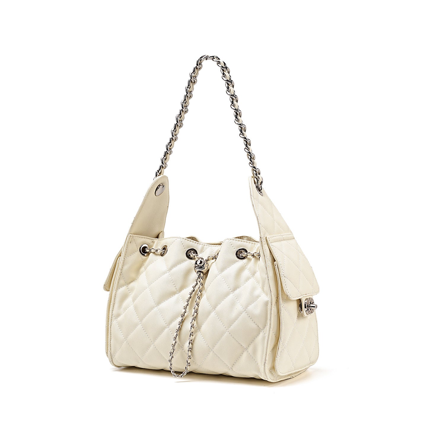 Diamond-patterned genuine leather shoulder underarm bag caviar pattern large-capacity hobo bag bucket drawstring bag chain women's bag
